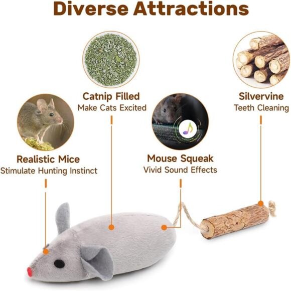 Cat Toys: 3pcs Squeak Mice Interactive Catnip Silvervine Animals - Picture 2 of 7